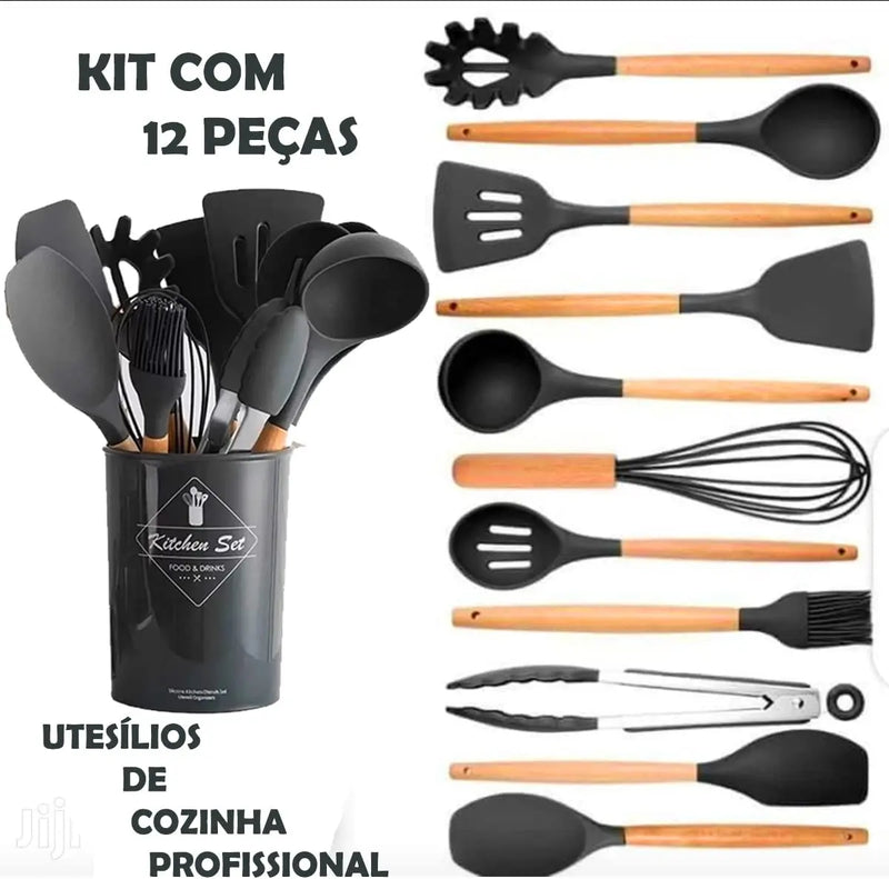 Kit de Utensílios em Silicone e Bambu 12 Peças