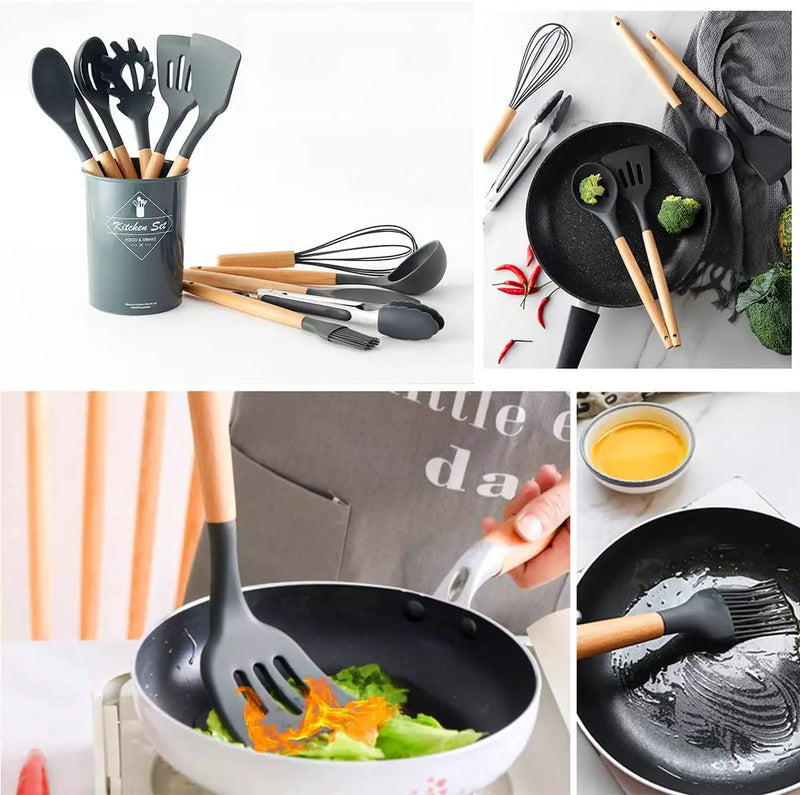 Kit de Utensílios em Silicone e Bambu 12 Peças