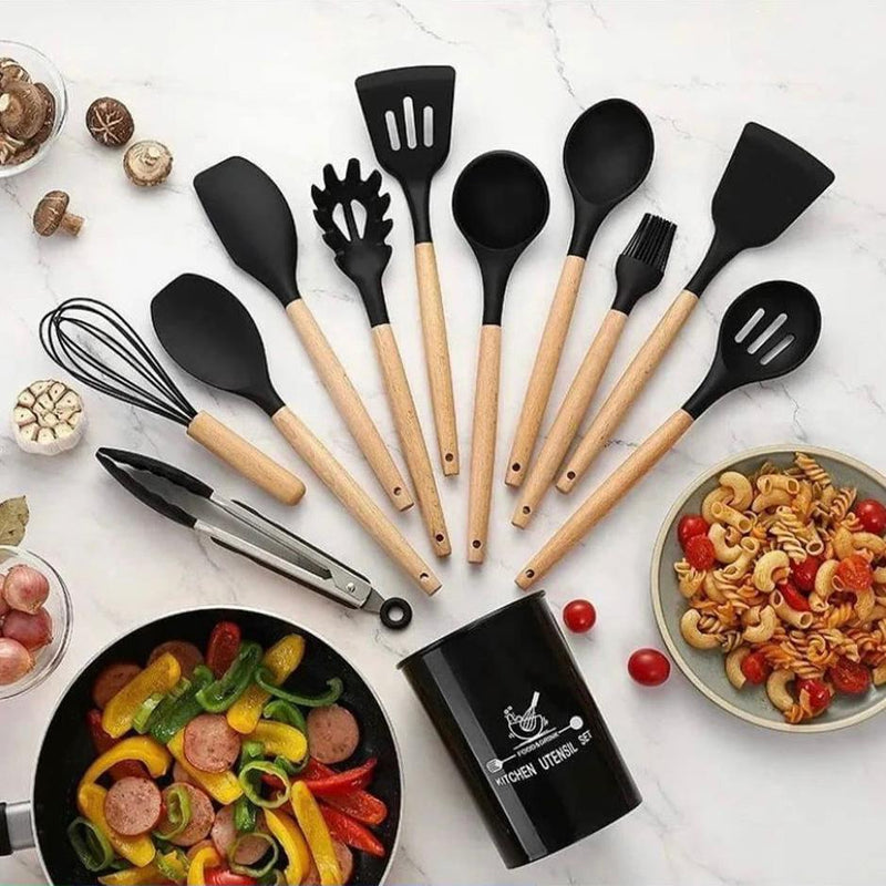 Kit de Utensílios em Silicone e Bambu 12 Peças